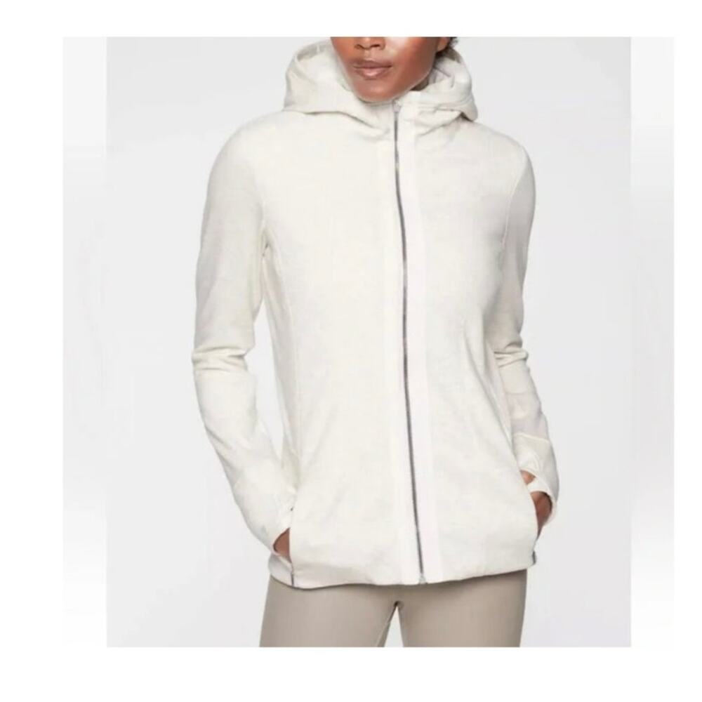 Athleta Luxe Victory fur lined hoodie jacket ivory pockets size extra small